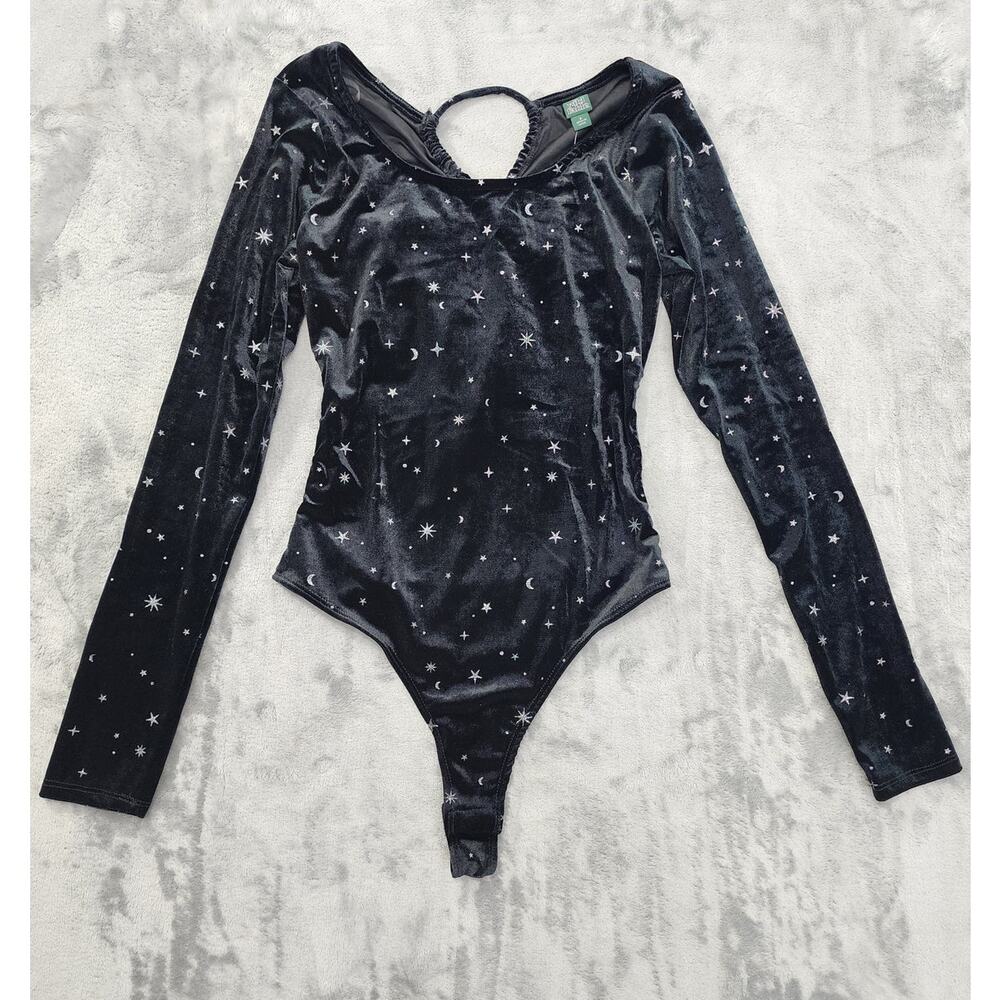 NEW Wild Fable Velour Velvet Galaxy Stars Lace‎ Up Bodysuit Size XS Black Silver